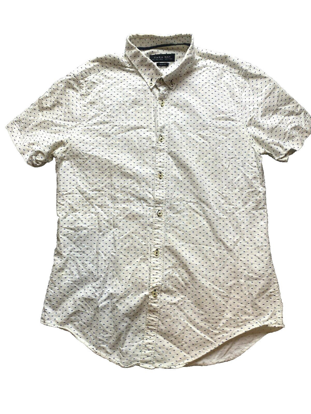 Zara Man Shirt Adult Large White AOP Fish Button Up Slim Fit Casual Mens