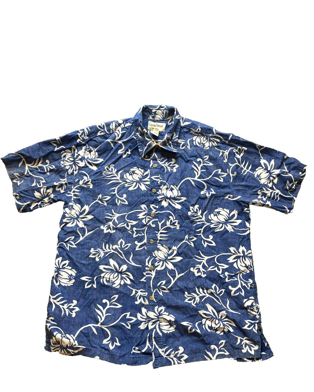 Cooke Street Shirt Adult Large Blue White AOP Flower Honolulu Hawaiian Aloha Men