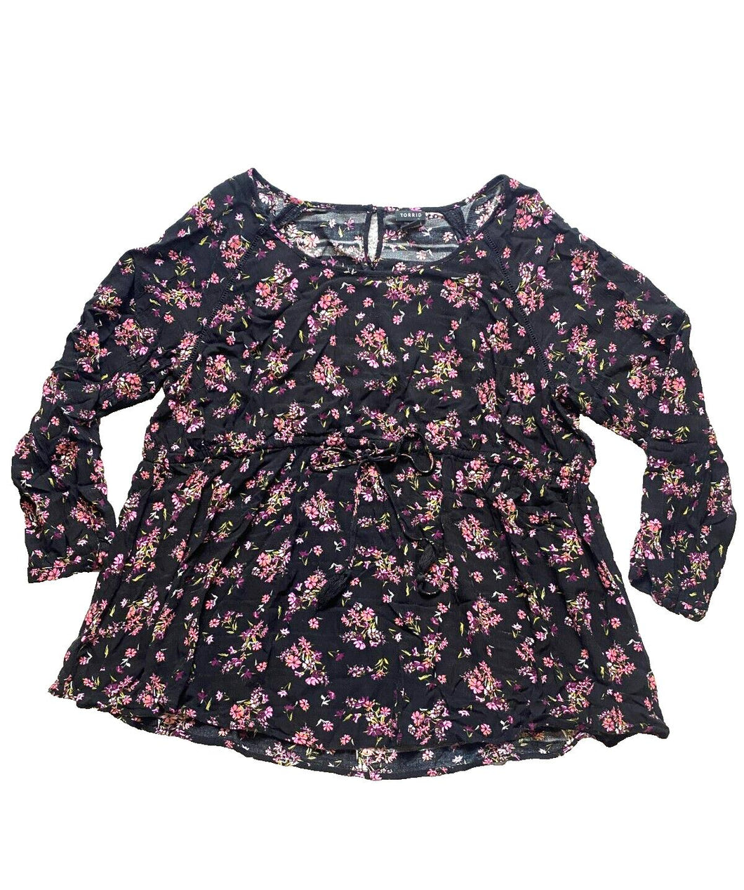 Torrid Shirt Womens 3 3X Black AOP Flower Tunic Gauze Tasseled Boho Hippie Plus