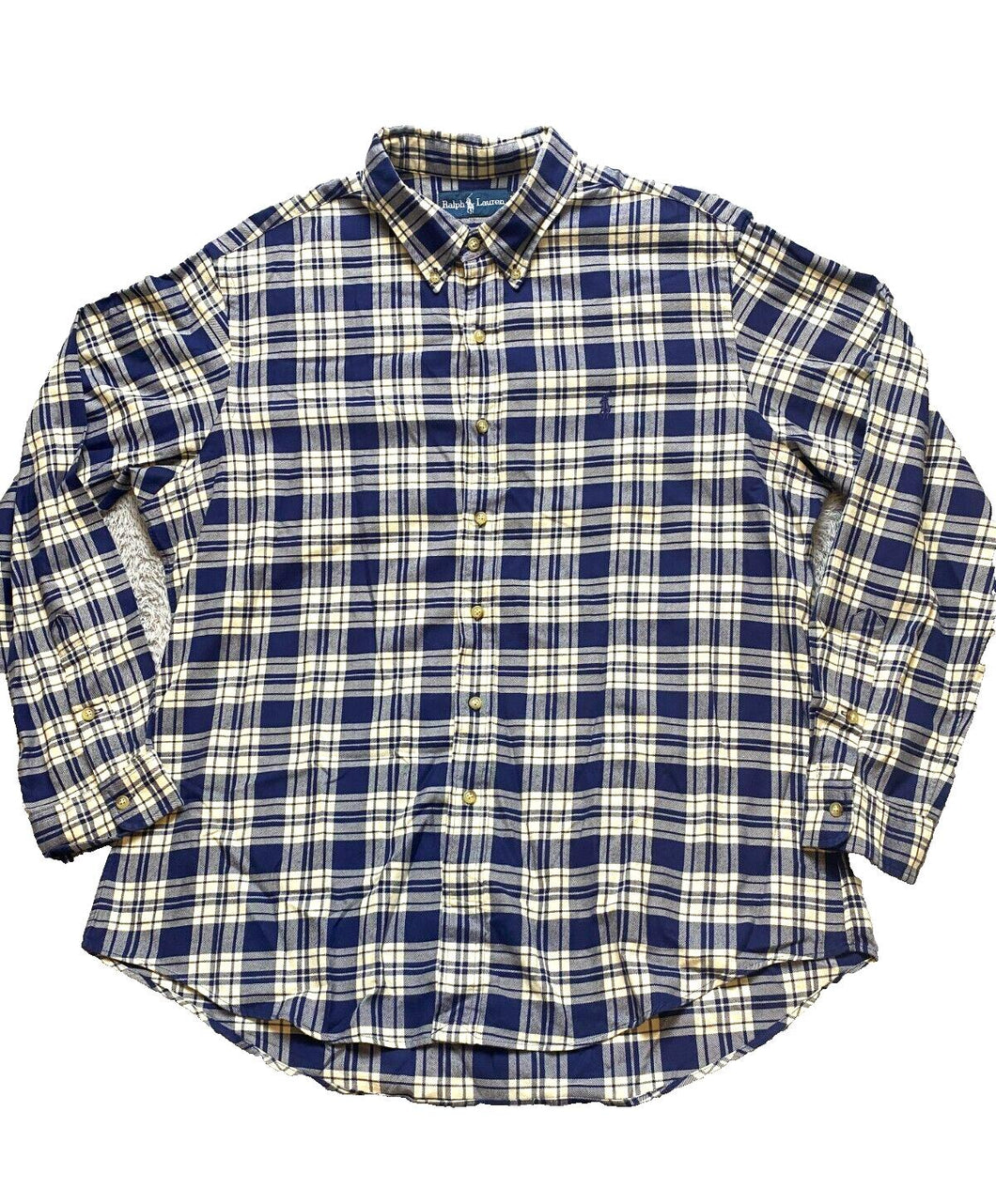 Ralph Lauren Shirt Adult Extra Large Beige Navy Plaid Button Up Blue Pony Mens