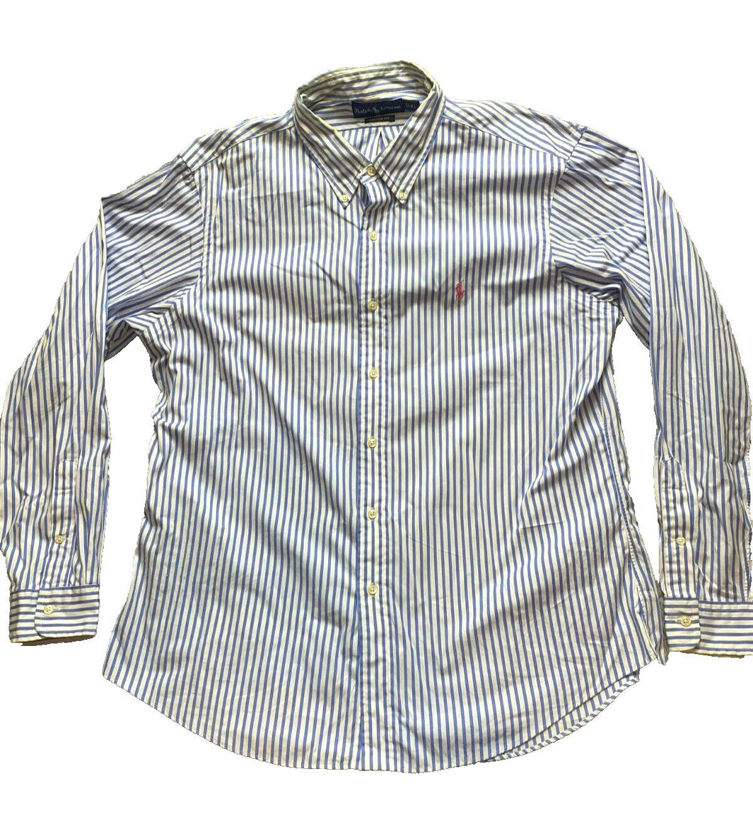 Ralph Lauren Shirt Adult Extra Large Blue White Striped Custom Fit Red Pony Mens