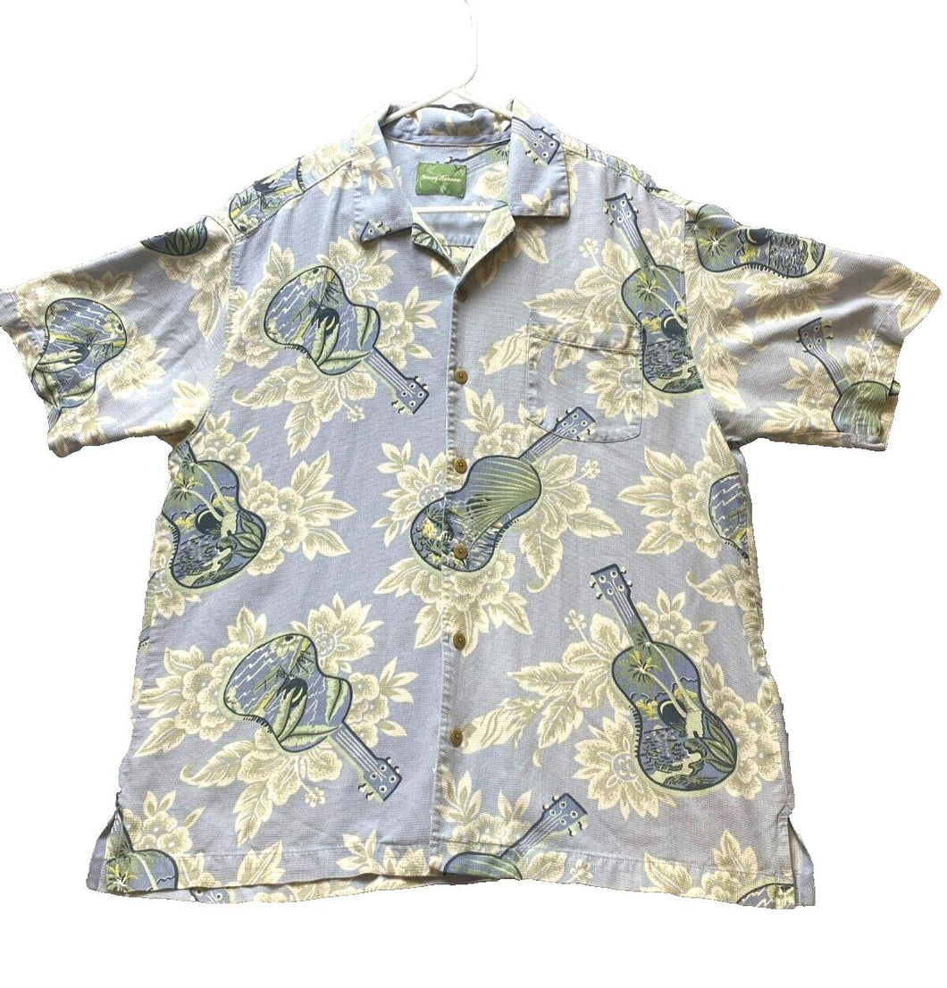 Tommy Bahama Shirt Adult Large AOP Guitar Flower Camp Hawaiian Aloha Silk Mens