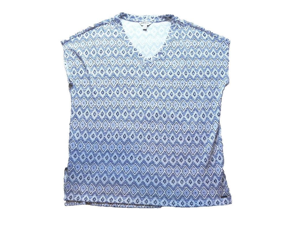 Orvis Shirt Womens Large V-Neck Argyle Diamond Flowy Blouse Casual Ladies