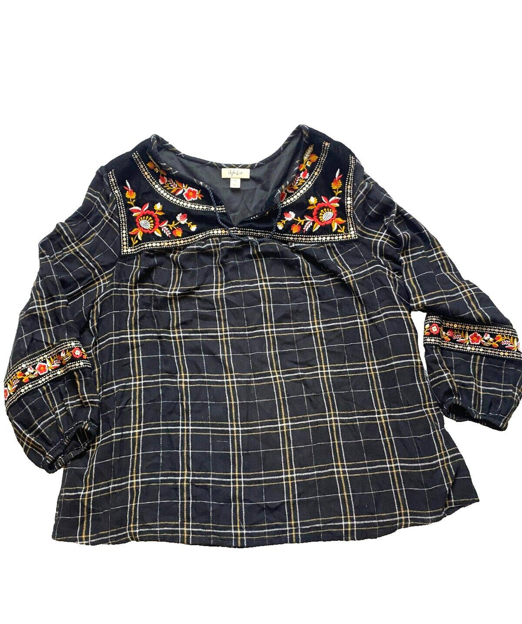 Style & Co Shirt Womens 2X Black Gold Velvet Embroidered Flower Boho Plus Ladies