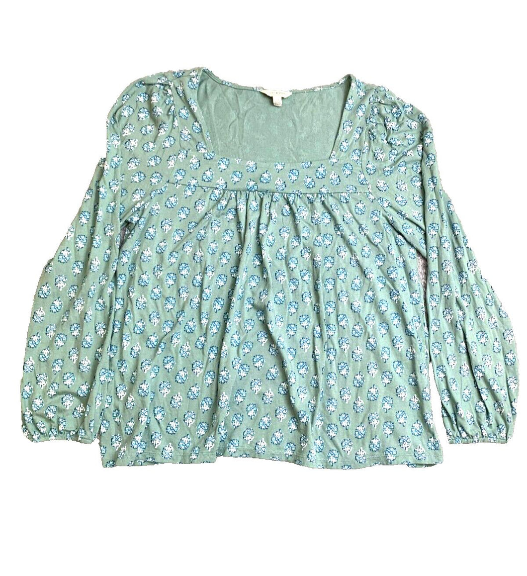 Lucky Brand Shirt Womens Large Green Square Neck Blouse Flowy Boho Hippie Ladies