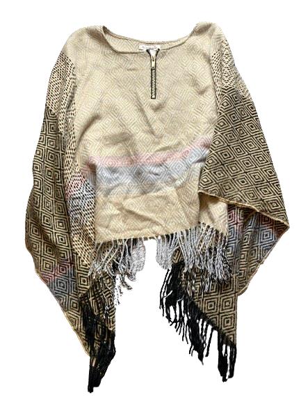 BCBGeneration Poncho Womens OSFM Tan Fringe Argyle Diamond Shawl 1/4 Zip Ladies
