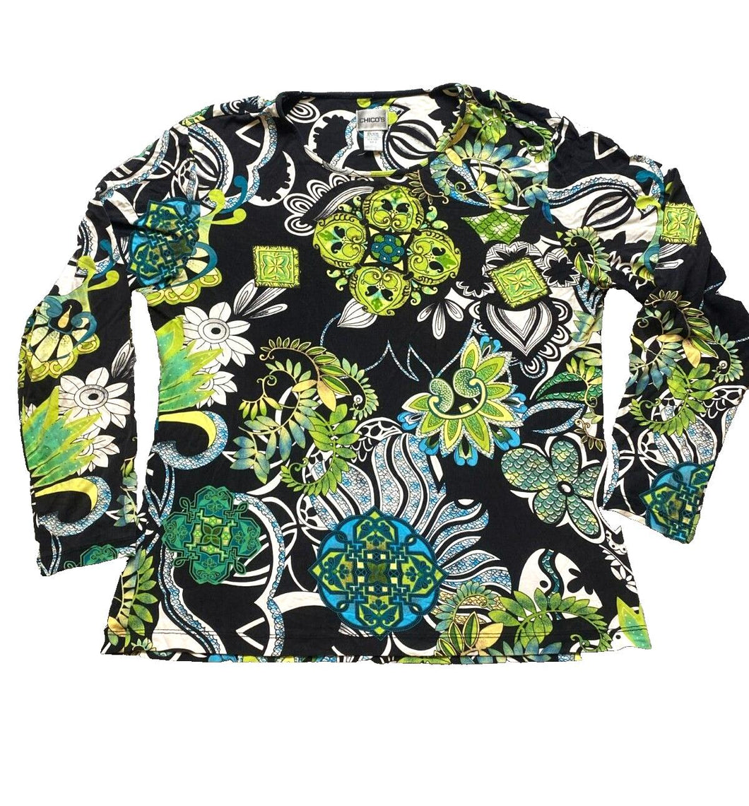 Chicos Shirt Womens 3 Black Green AOP Geometric Flower Whimsigoth Rayon Blouse