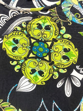 Load image into Gallery viewer, Chicos Shirt Womens 3 Black Green AOP Geometric Flower Whimsigoth Rayon Blouse
