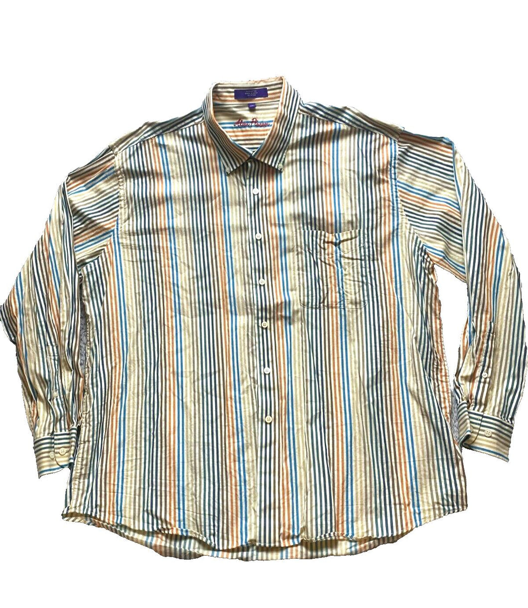 Alan Flusser Shirt Adult 2XL Beige Striped Embroidered Logo Pocket Casual Mens