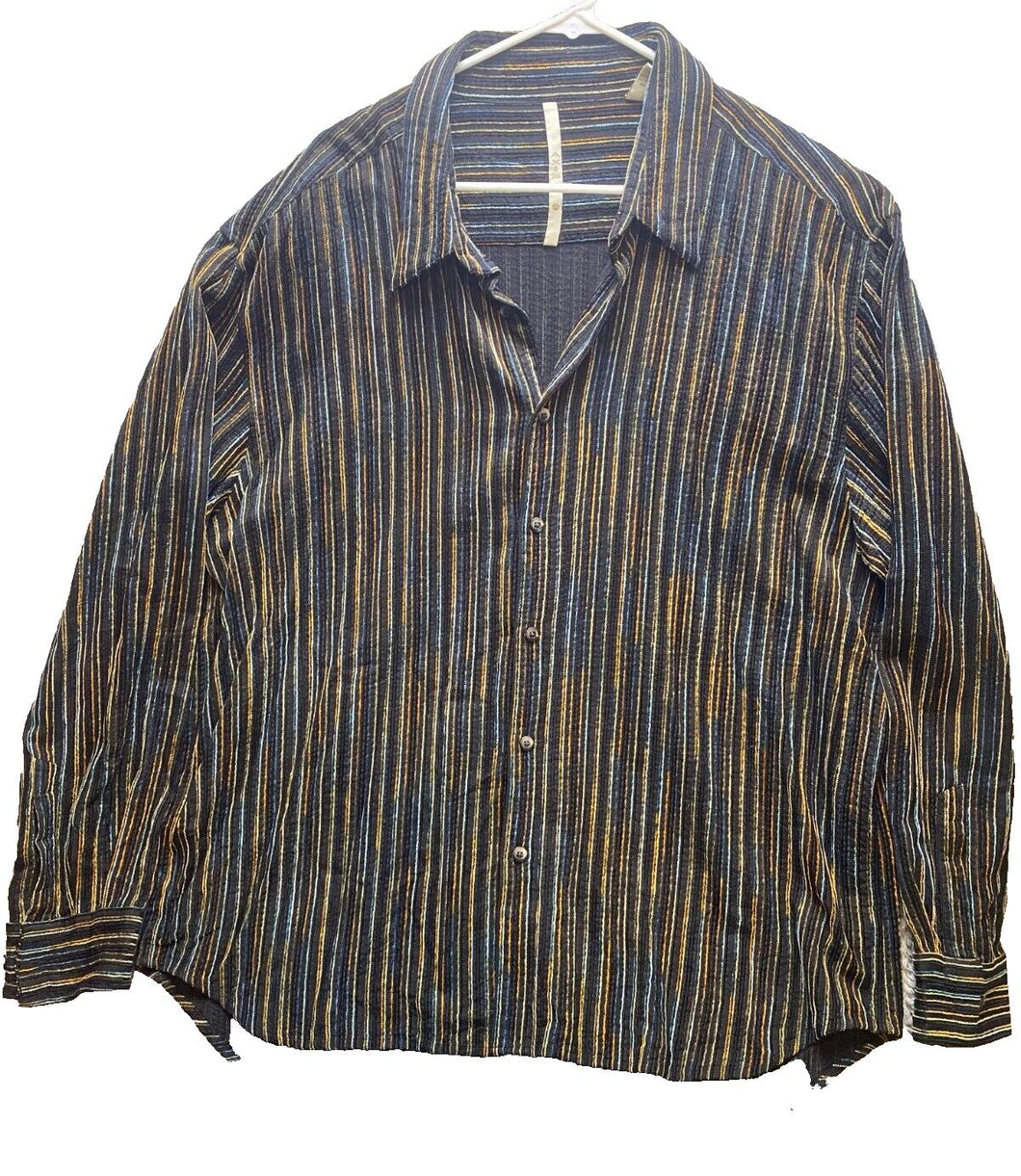 Axis Shirt Adult 2XL Black Funky Rainbow Striped Button Down Silk Rayon Mens