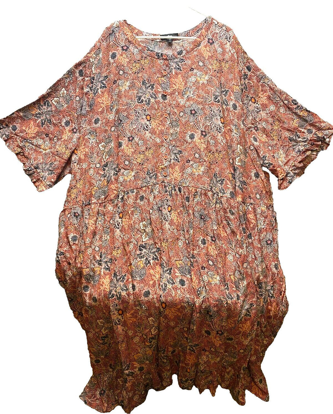 Ellos Dress Womens 5X Peach AOP Flower Boho Rayon Tiered Lagenlook Plus Maxi