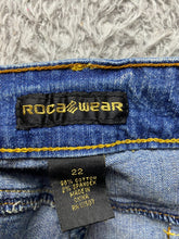 Load image into Gallery viewer, Roca Wear Jeans Womens 22 (43x33) Blue Denim Spandex Stretch Flared Embroidery
