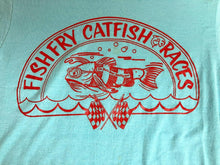 Load image into Gallery viewer, VTG Fishfry Cat Fish Races Shirt Womens Medium Light Blue Single Stitch 80s Lady
