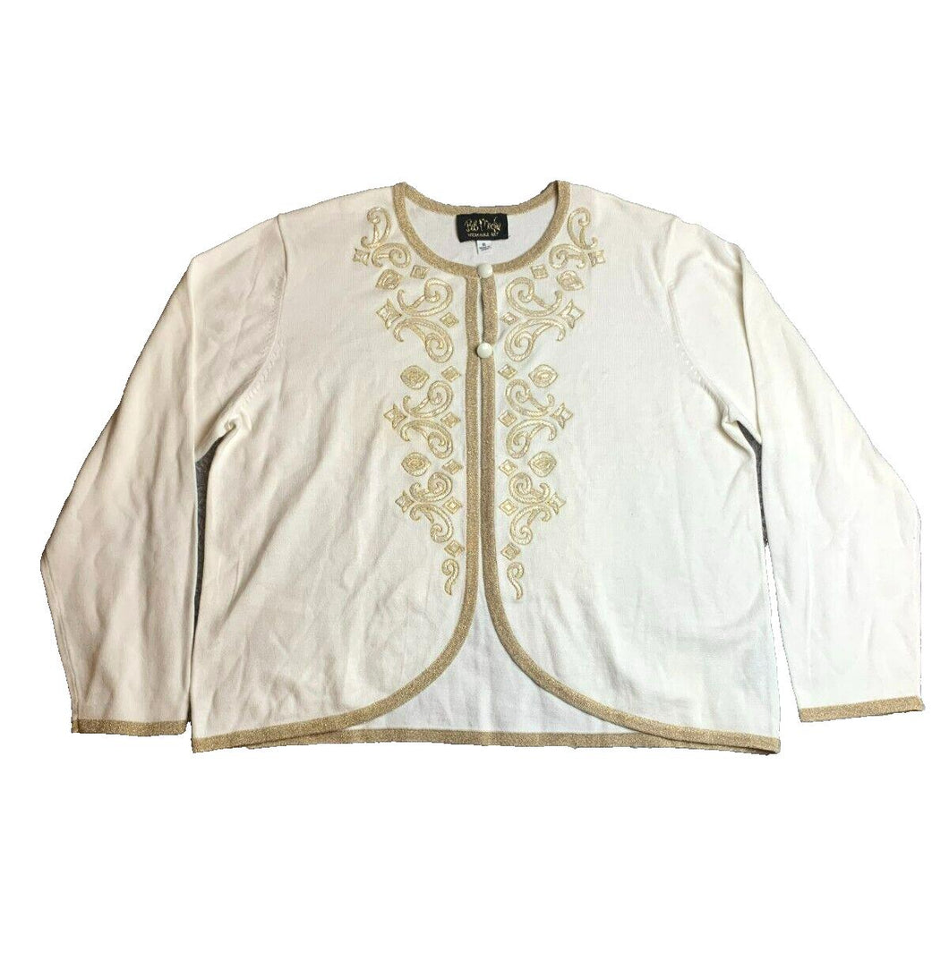 Bob Mackie Sweater Womens Extra Large Cream Gold Cottage Cardigan Wearable Art