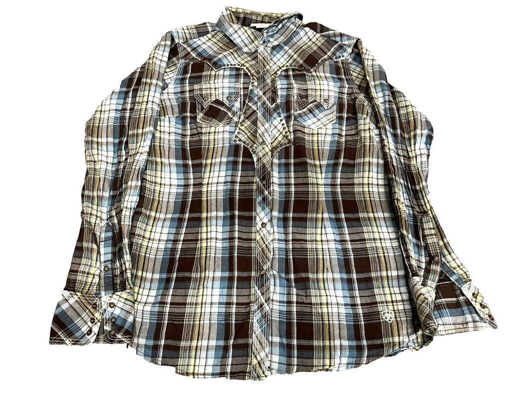 Ariat Shirt Womens Medium Brown Blue Yellow Plaid Western Snap Rodeo Cowgirl l