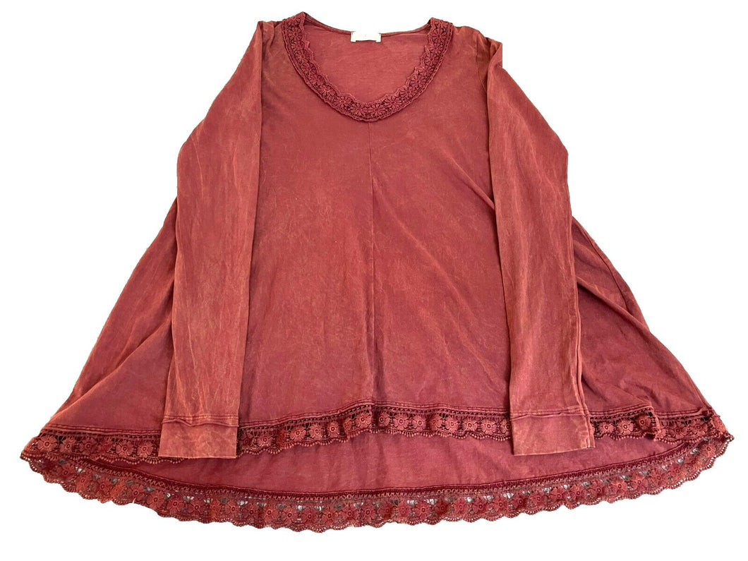 Anthropologie Altar’d State Shirt Womens Medium Coral Rust Crochet Hem Tunic