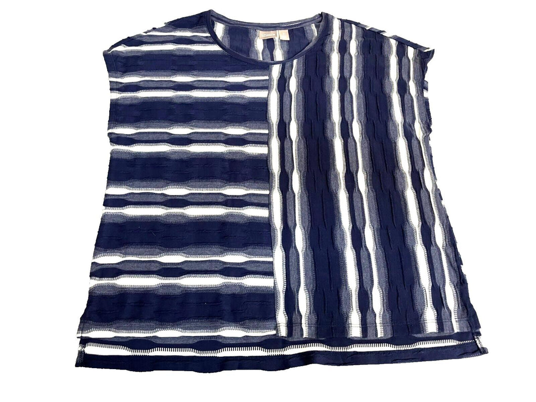 Chicos Shirt Womens 3 Extra Large Navy Blue White Textured Tank Oversized Blouse