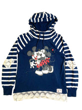 Load image into Gallery viewer, Mickey &amp; Minnie Mouse Sweatshirt Womens Medium Crochet Lace Trim Hoodie Disney
