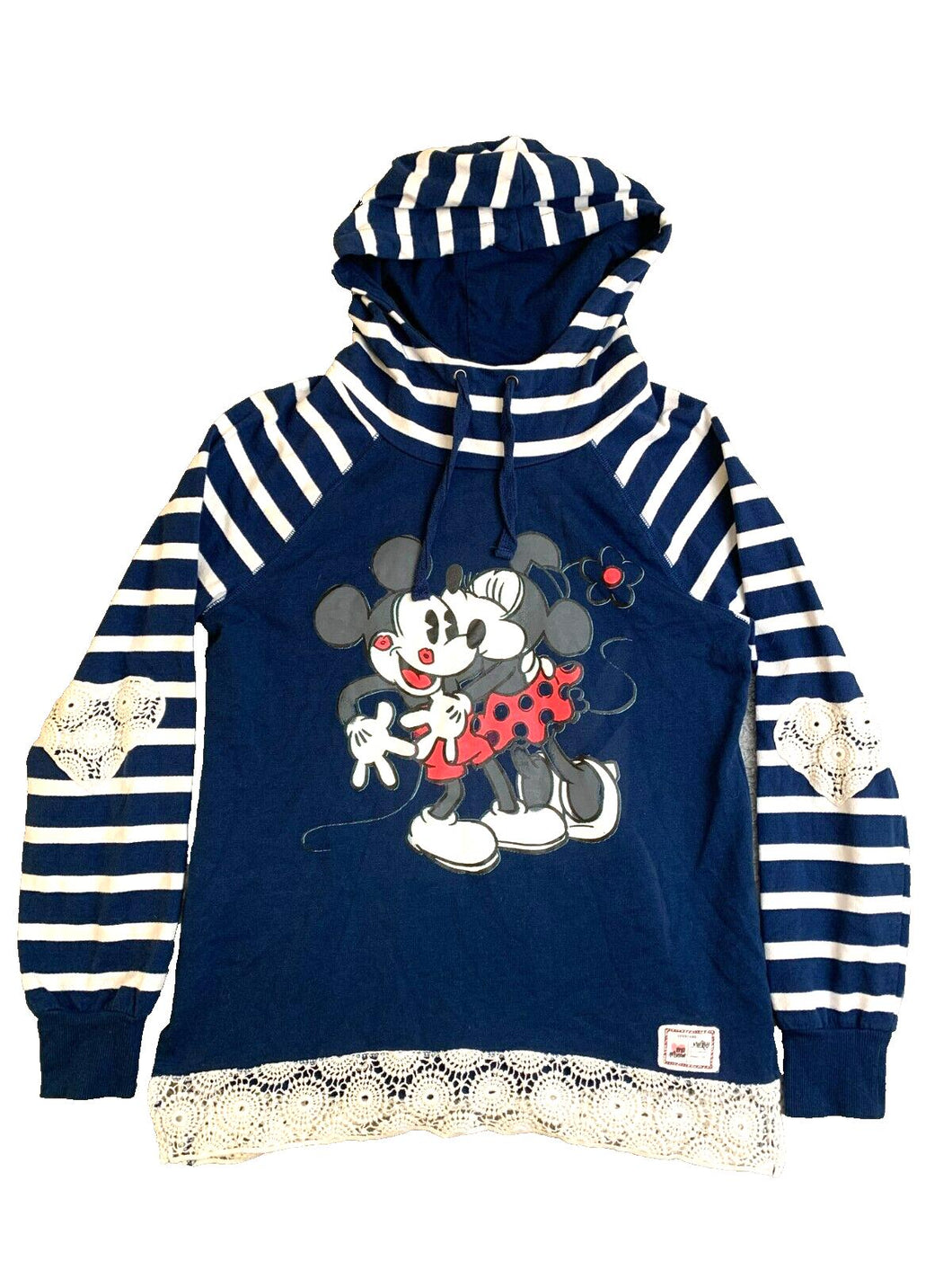 Mickey & Minnie Mouse Sweatshirt Womens Medium Crochet Lace Trim Hoodie Disney