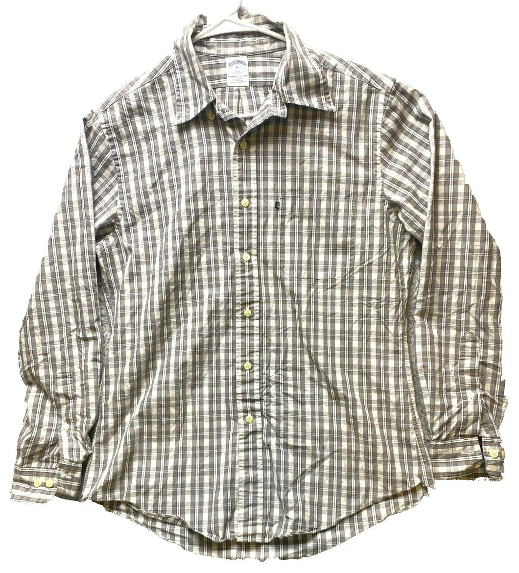 Brooks Brothers 346 Shirt Adult Medium Gray Slim Fit Plaid Button Up Casual Mens