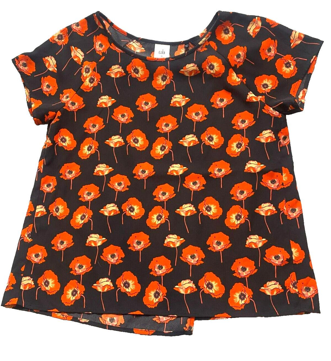 CAbi Shirt Womens Medium Black Vermillion AOP Flanders Poppy Boxy Split Boho