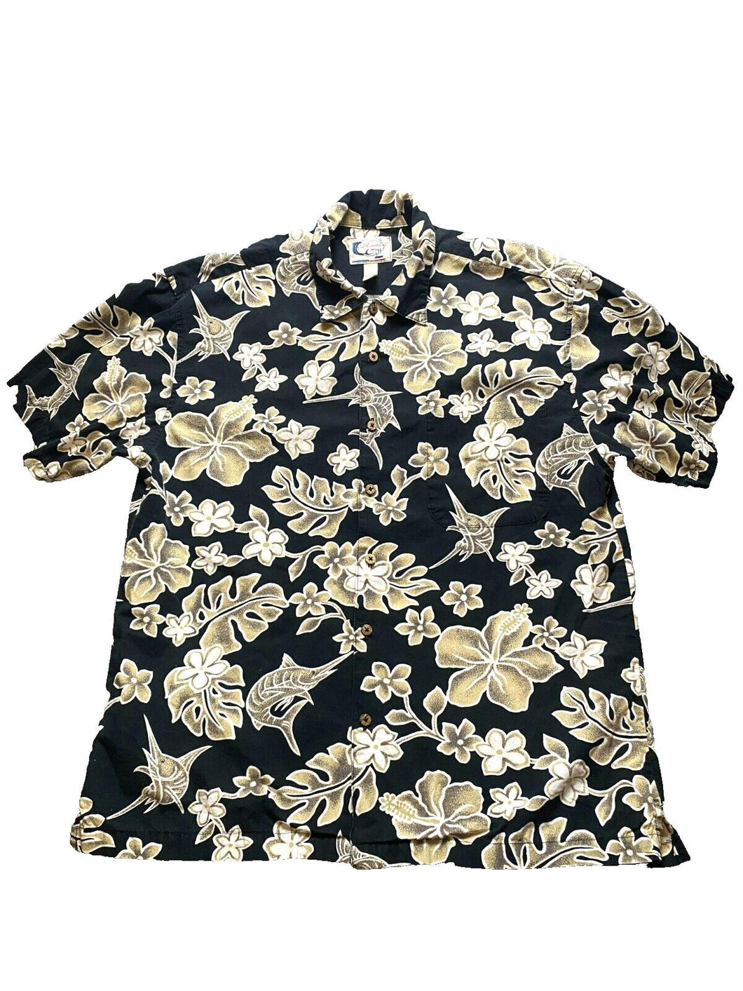 VTG Bluewater Wear Shirt Adult Large Button Up Hawaiian Swordfish Hibiscus Mens