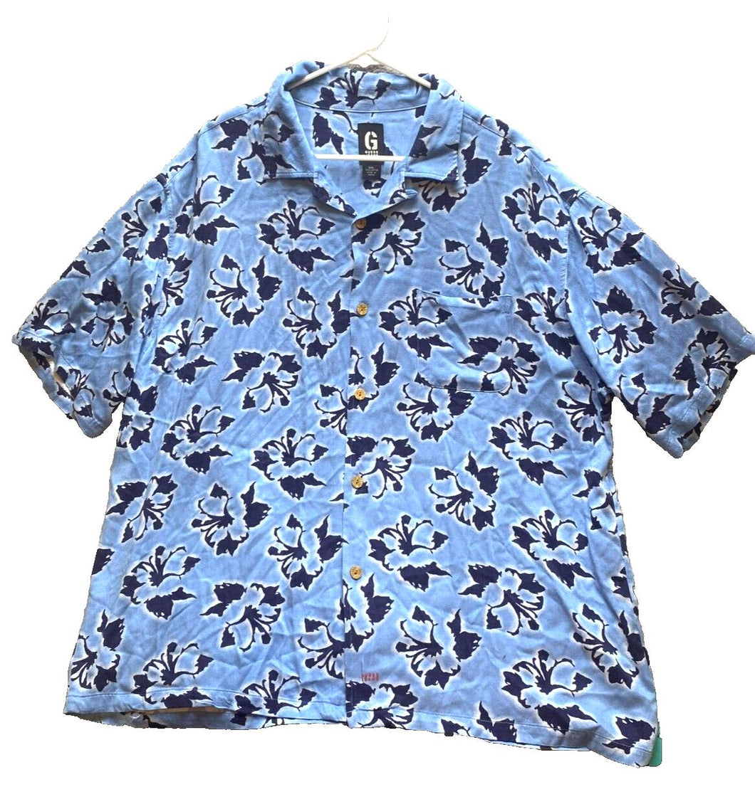 Guess Jeans Shirt Adult 2XL Blue Rayon Button Up AOP Floral Camp Hawaiian Mens