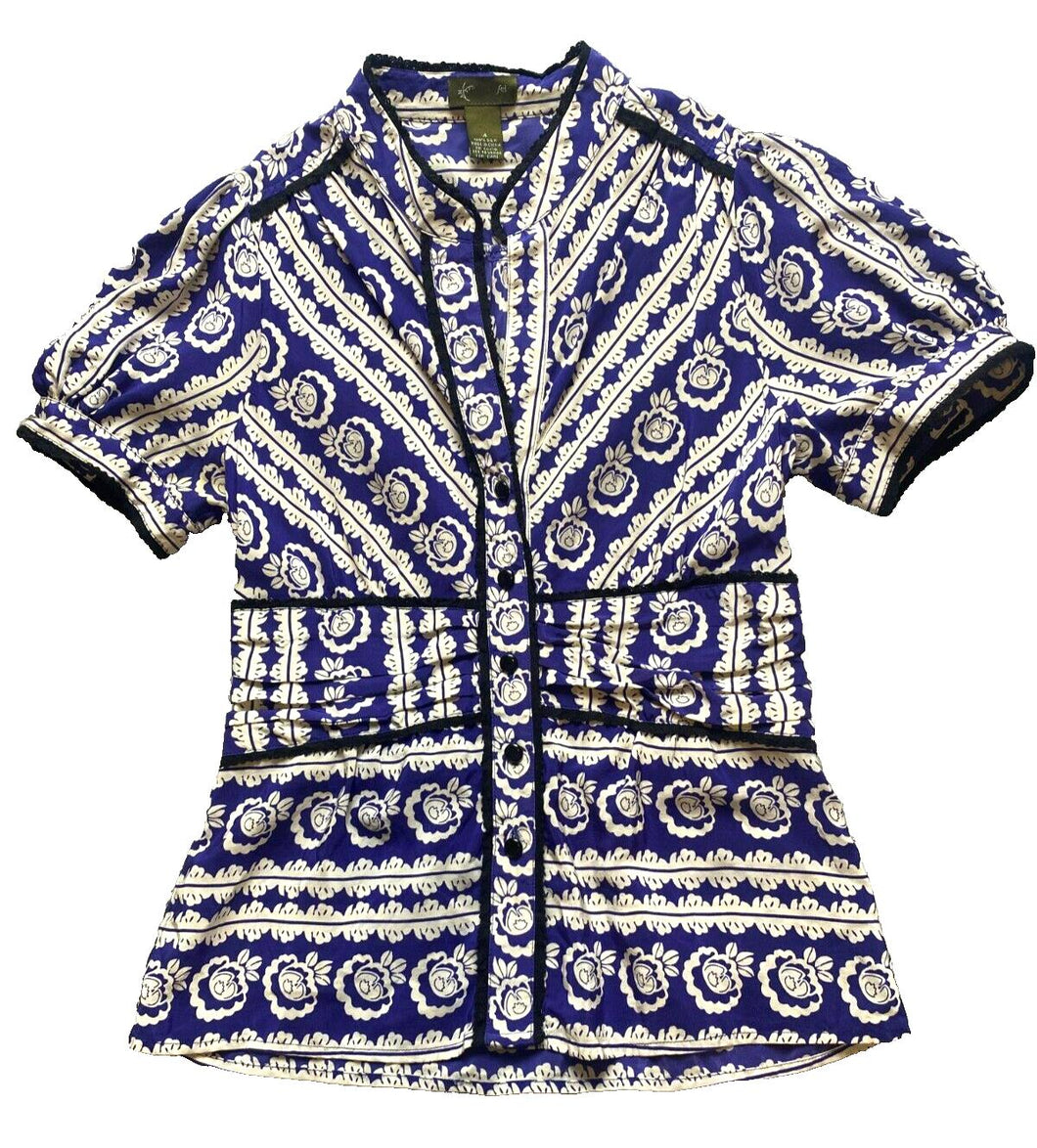Anthropology FEI Shirt Womens 4 Small Boho Peasant Button Up Blouse Silk Ladies