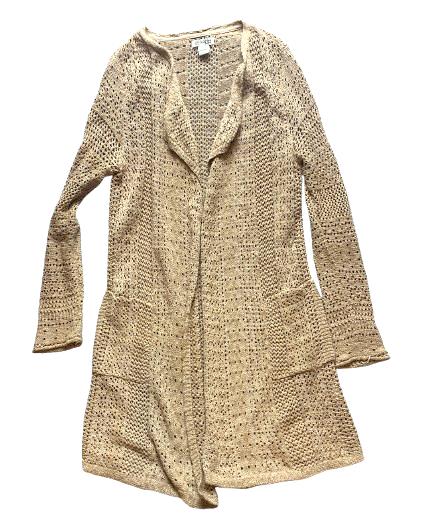 Lucky Brand Sweater Womens Medium Tan Eyelet Open Front Tunic Boho Cardigan