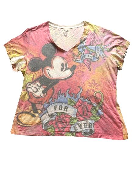 VTG Mickey Mouse Shirt Womens 2X Pink AOP Y2K Kidcore Disney Ed Hardy Style Lady