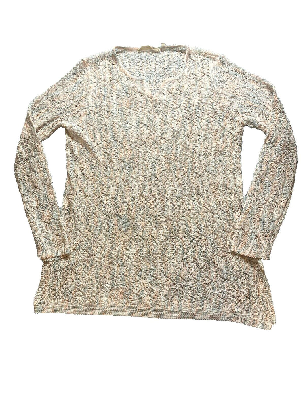 Soft Surroundings Sweater Womens Medium Peach Gray Open Knit Acrylic Nylon Lady