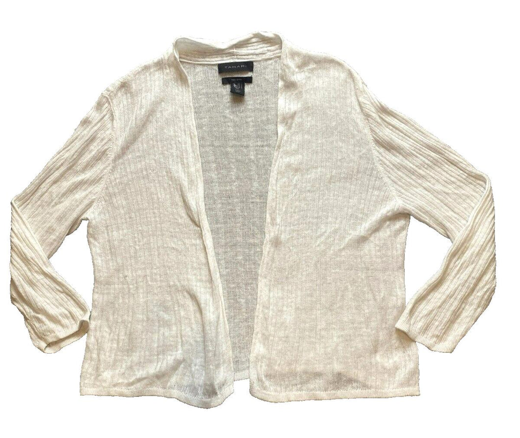 Tahari Sweater Women Large White Open Front Cardigan Linen Oversized Boho Hippie