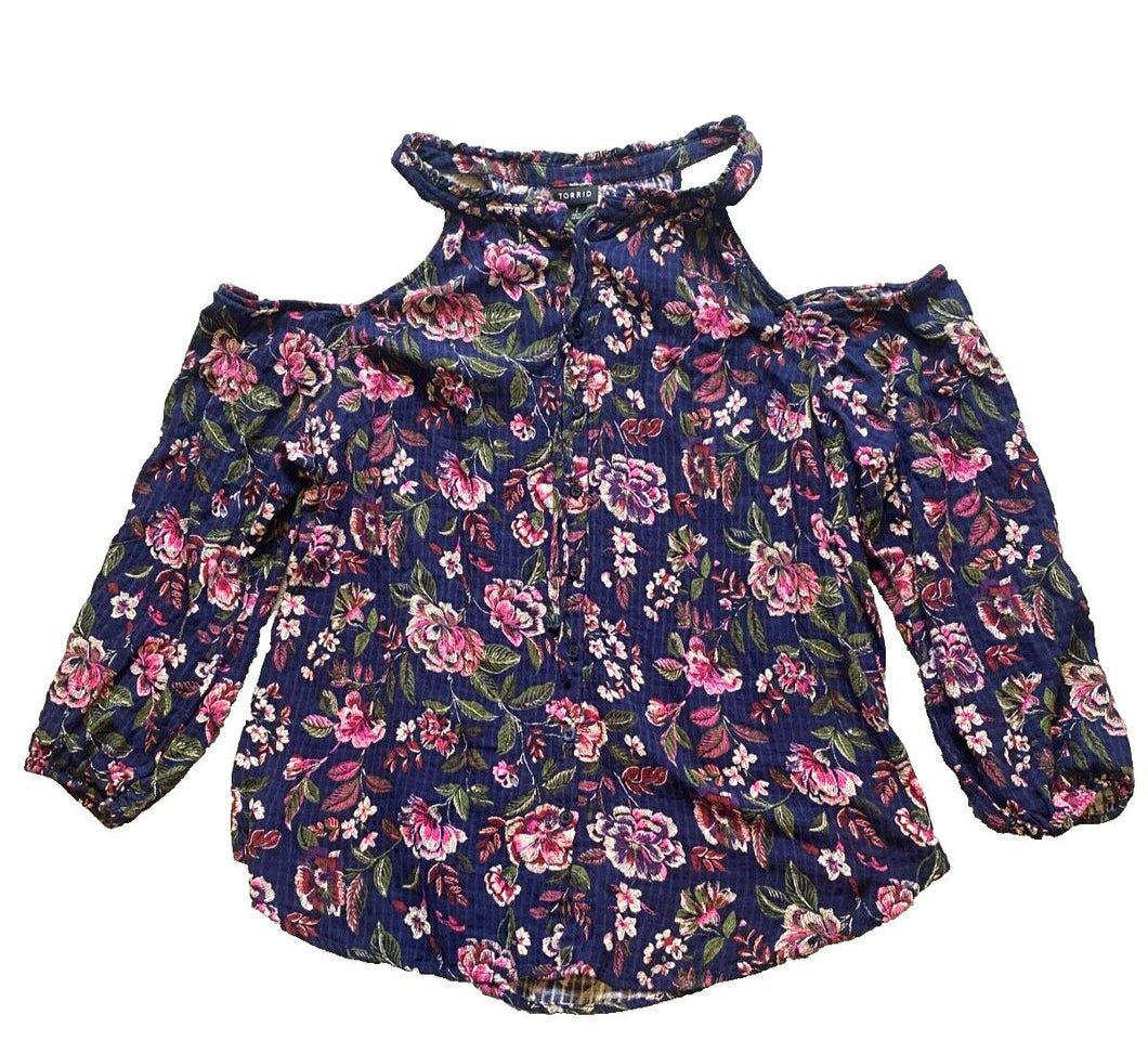 Torrid Shirt Womens 2 2X Navy AOP Floral Rayon Spandex Cold Shoulder Boho Plus