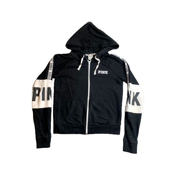 Victoria Secret Pink Sweatshirt Womens Small Black Hoodie Sweater Full Zip Lady