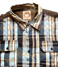 Load image into Gallery viewer, Akdmks Shirt Adult 3XL XXXL Blue Tan Plaid Button Up Suede &amp; Grommet Detail Mens
