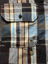 Load image into Gallery viewer, Akdmks Shirt Adult 3XL XXXL Blue Tan Plaid Button Up Suede &amp; Grommet Detail Mens
