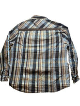 Load image into Gallery viewer, Akdmks Shirt Adult 3XL XXXL Blue Tan Plaid Button Up Suede &amp; Grommet Detail Mens
