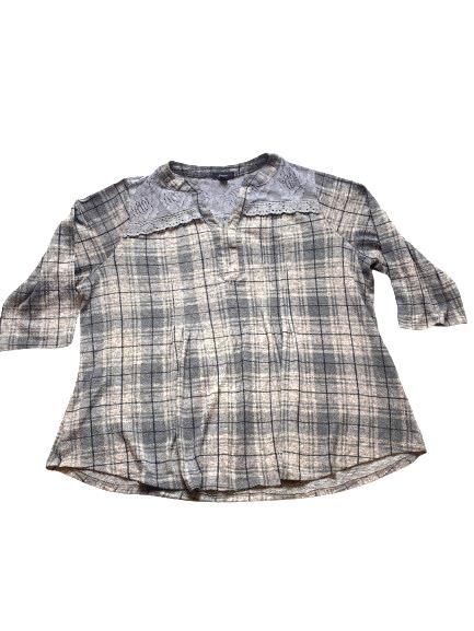 Cocomo Shirt Womens 2X Gray Plaid Lace Trim Boho Spandex Contrast Plus Ladies