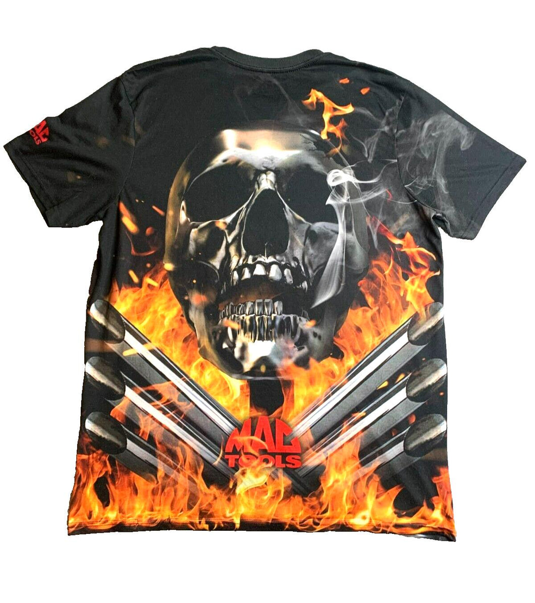 Mac Tools Shirt Adult Extra Large Black AOP Flame Engine Skull Grunge Goth Mens
