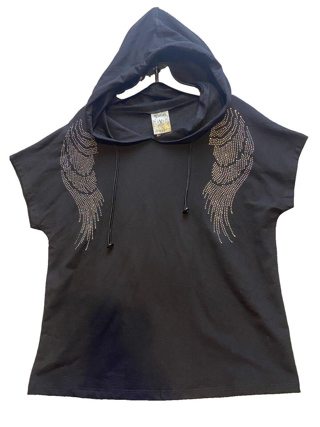Vocal Sweater Womens Black Large Bling Angel Wings Hooded Streetwear NWOT