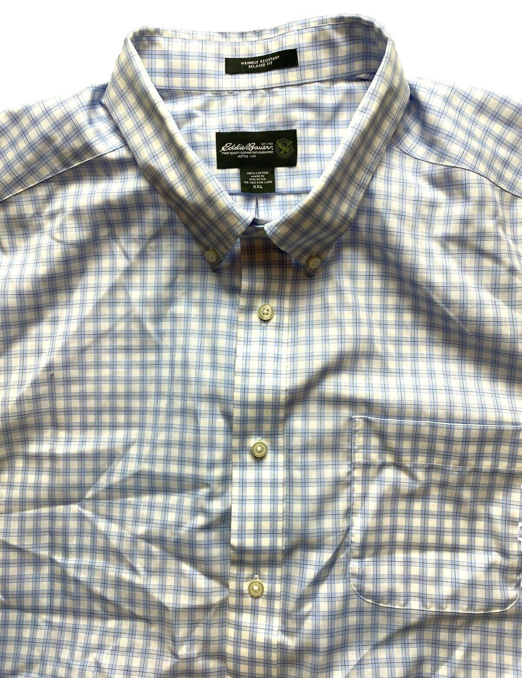 Eddie Bauer Shirt Adult 2XL Light Blue White Plaid Button Up Casual USA Mens