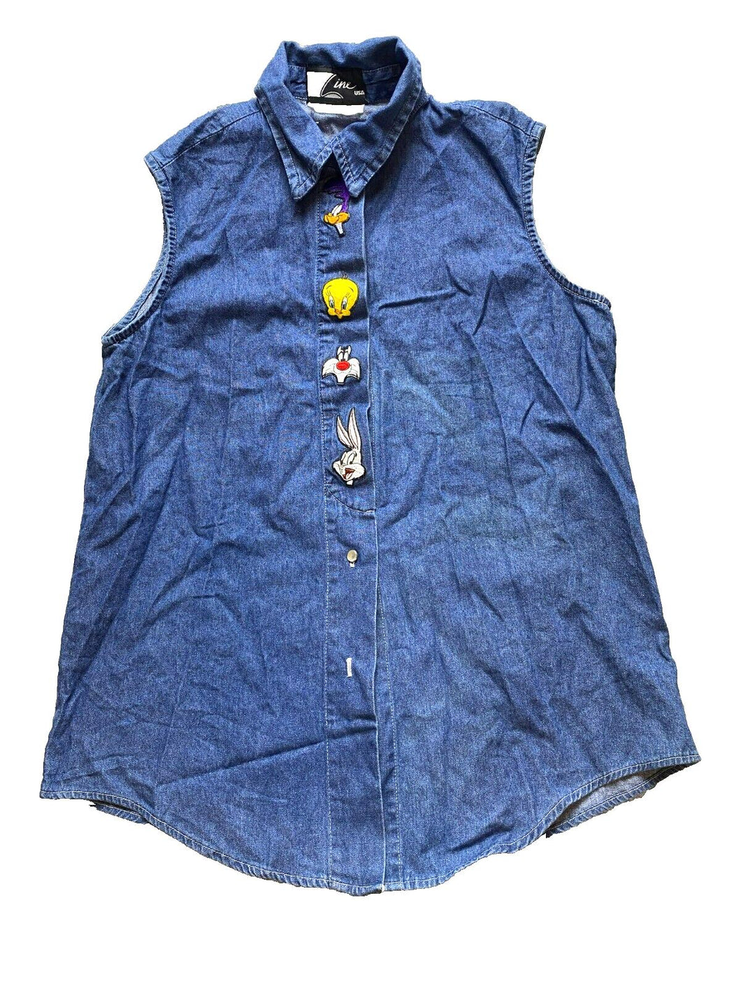 VTG Looney Tunes Shirt Womens Extra Large Button Up Denim Tweety Bunny Tunic USA