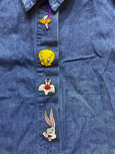 Load image into Gallery viewer, VTG Looney Tunes Shirt Womens Extra Large Button Up Denim Tweety Bunny Tunic USA
