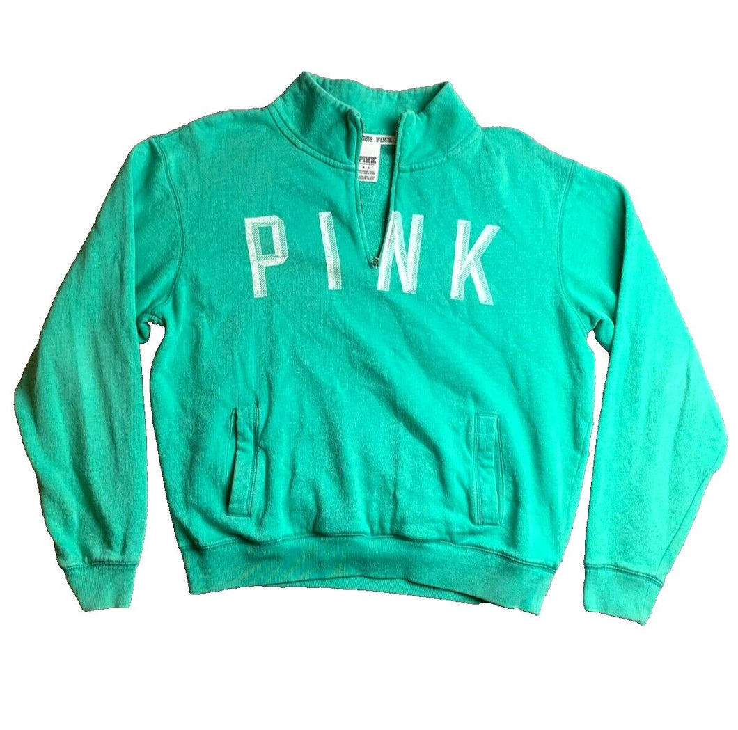 PINK Victoria's Secret Sweatshirt Womens Medium Green Oversized 1/4 Zip Fleece