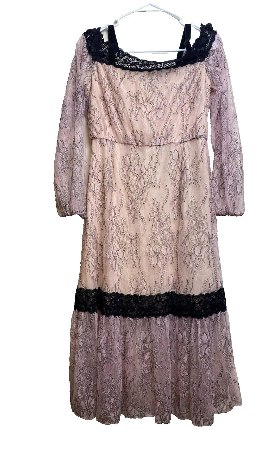 Avec Les Filles Dress Women 4 Small Pink Black Lace Lined Tiered Boho Maxi Nylon