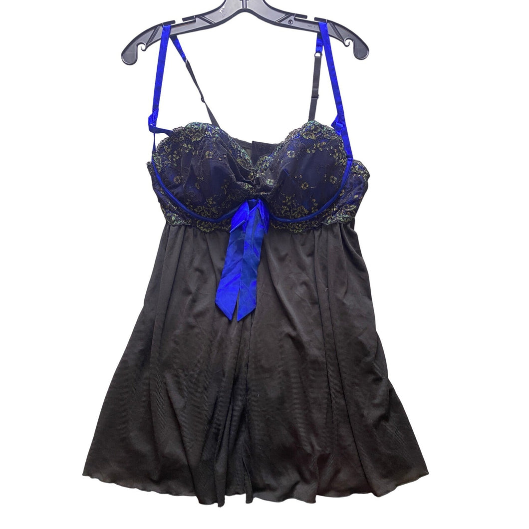 Cacique Slip Dress Womens 22/24 Babydoll Lingerie Black Blue Lace Ribbon NWT