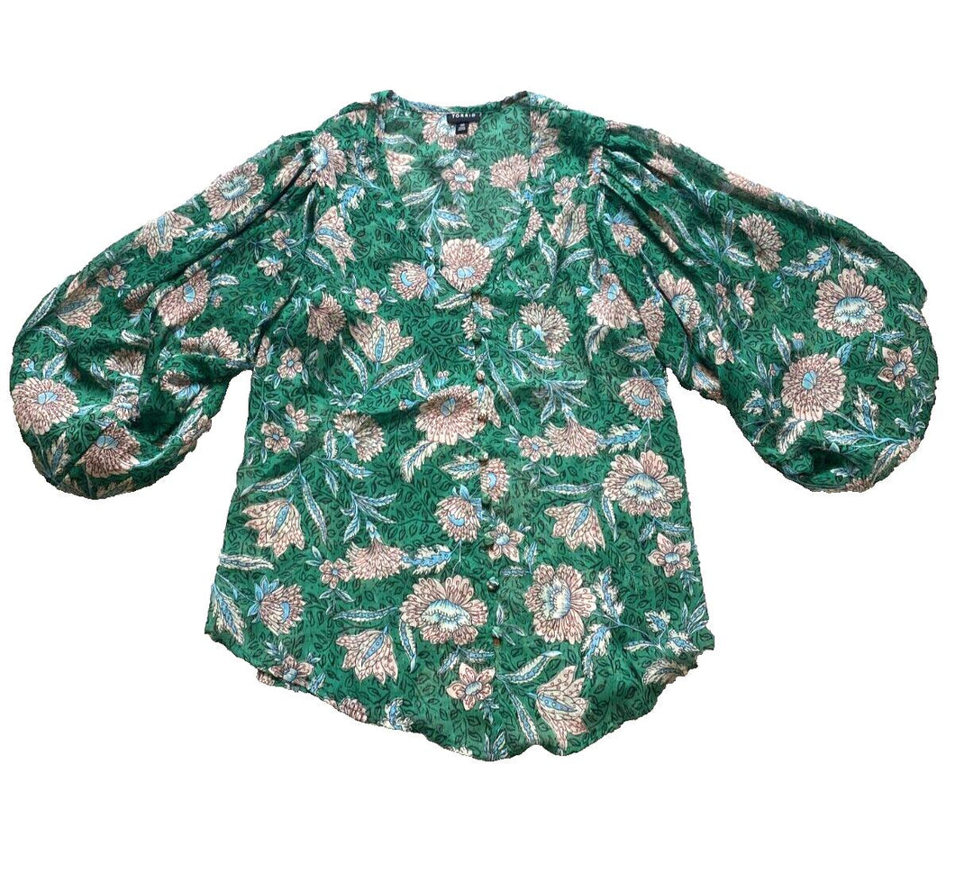Torrid Shirt Womens 00 Green AOP Flower Hippie Peasant Boho Button Up Plus Lady