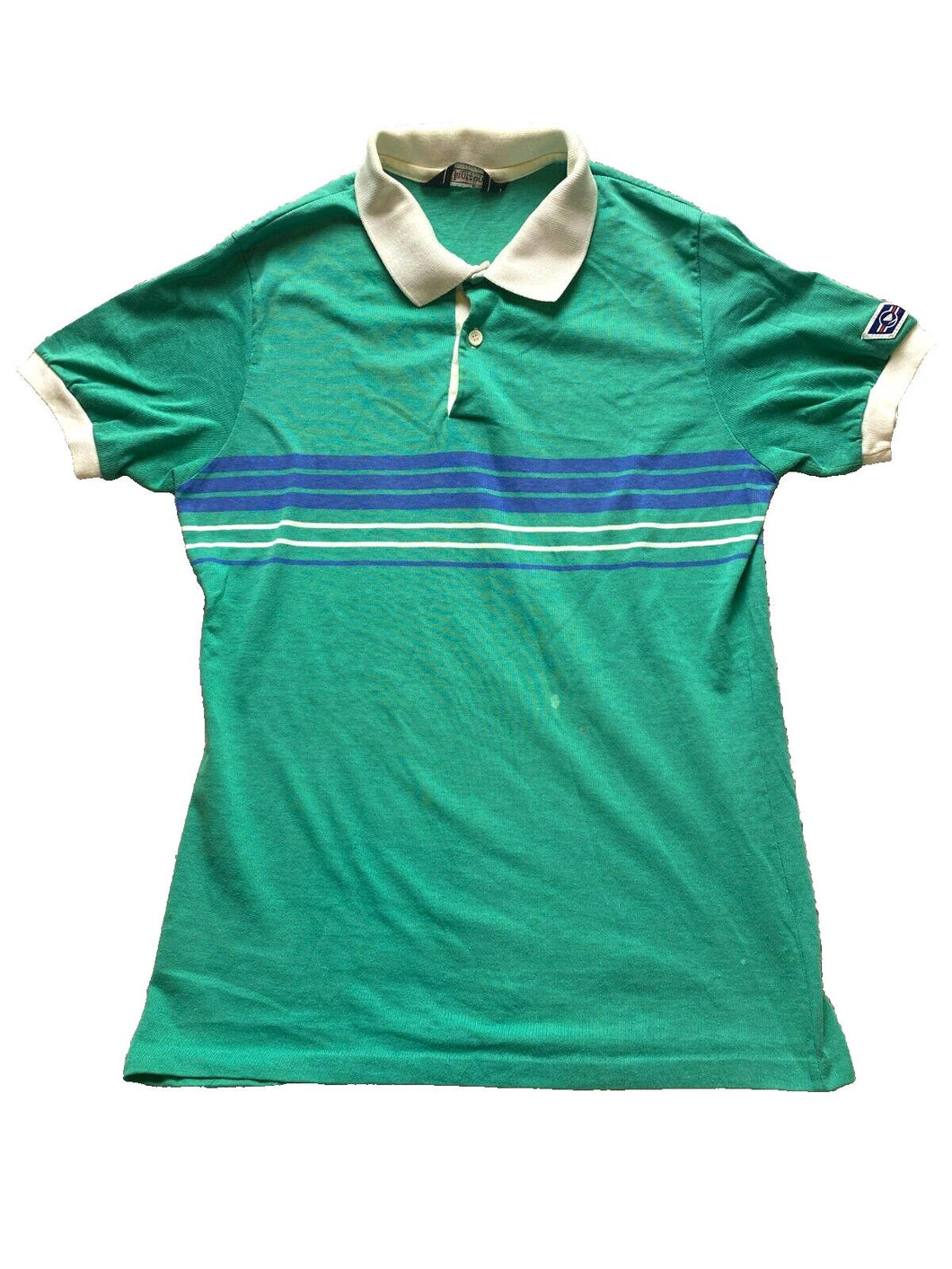 VTG Jantzen Shirt Adult Medium Green Blue Striped Preppy Patch Golf Polo Mens