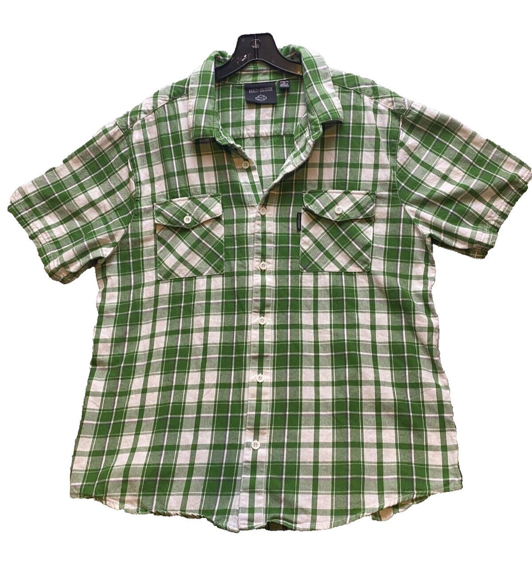 Harley Davidson Shirt Adult Extra Large Green White Plaid Button Up Motorcycles