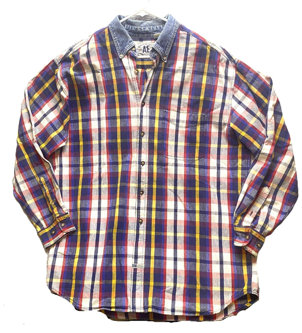 American Eagle Shirt Adult Large Button Up Flannel Plaid Denim Collar Pocket Men